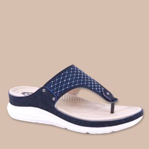Italina Black Comfort White Textured Rhinestone Thong Slip-On Wedge Sandal